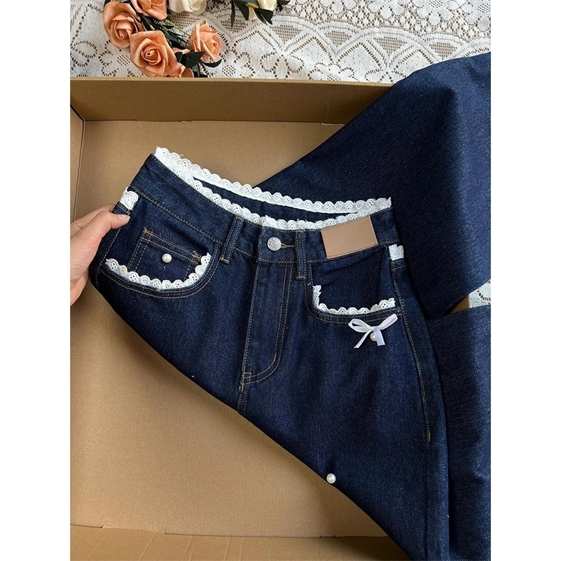 Retro Dark Blue Denim for Women Spring Autumn Sweet Lace Bow Jeans Female American Style Straight Loose Wide Leg Pants Z260313