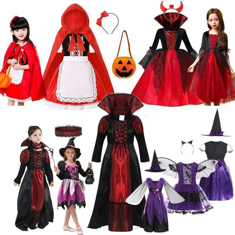 Girls Halloween Red Witch Costume Children Cosplay Vampire Princess Dress Kids Dress Up Clothes With Hat Carnival Party Gifts L250918