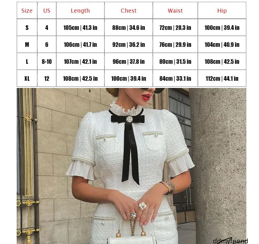 Casual Dresses Women Dress Elegant Round Neck Short Sleeves Bow Ruffle Hem Beaded Fashion High Street Fairycore White ddmyfriend