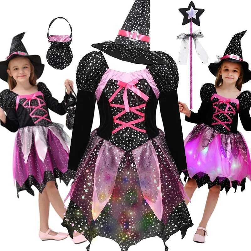 4 PcsSet Witch Clothes Led Light Up DressHatWandBag Girls Halloween Wizard Costume Kids Make up Party Witch Apparel Vestidos L250918