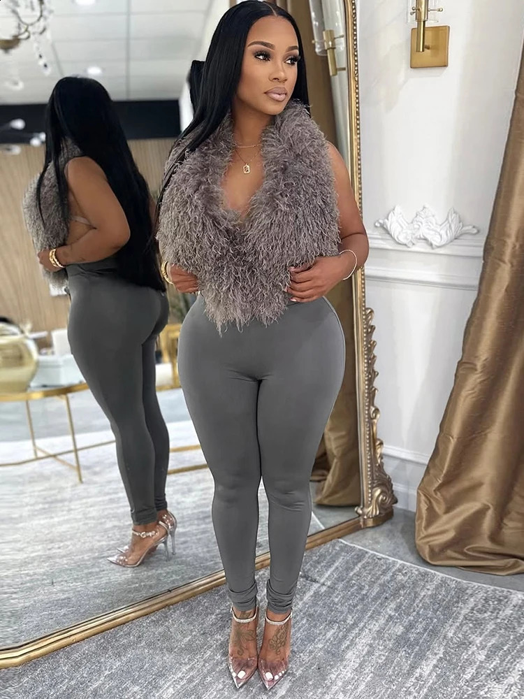 kliou Fashion Sexy Women Pants Set Midnight Coquette Halter Fur Splice Mini TanksSilky Slim Trousers Mujer Attractive Clubwear 250917