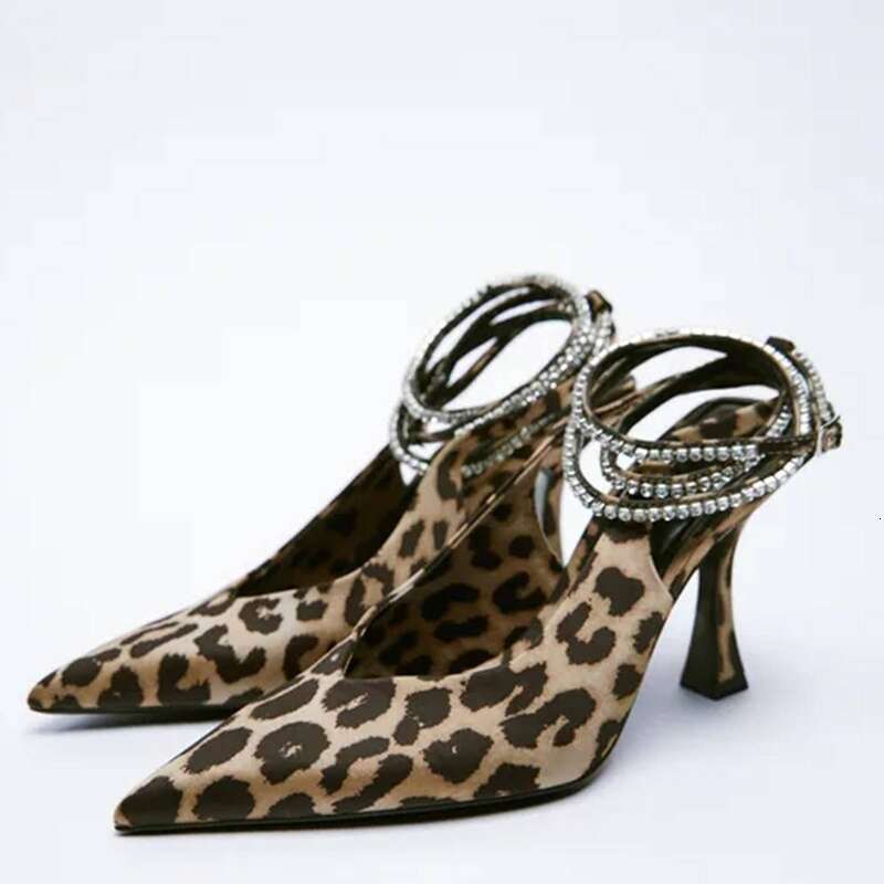 Women's Shoes Fashion Personality Leopard Print Trip Slingback High Suede Mid-Heel Pointed Strap Sandals