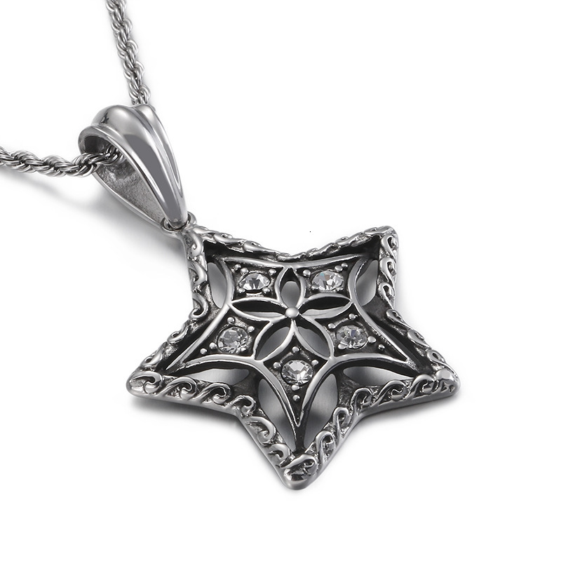 Creative Stainless Steel Five-Pointed Star Pendant Personalized Dia-Encrusted Men's Necklace Accessory