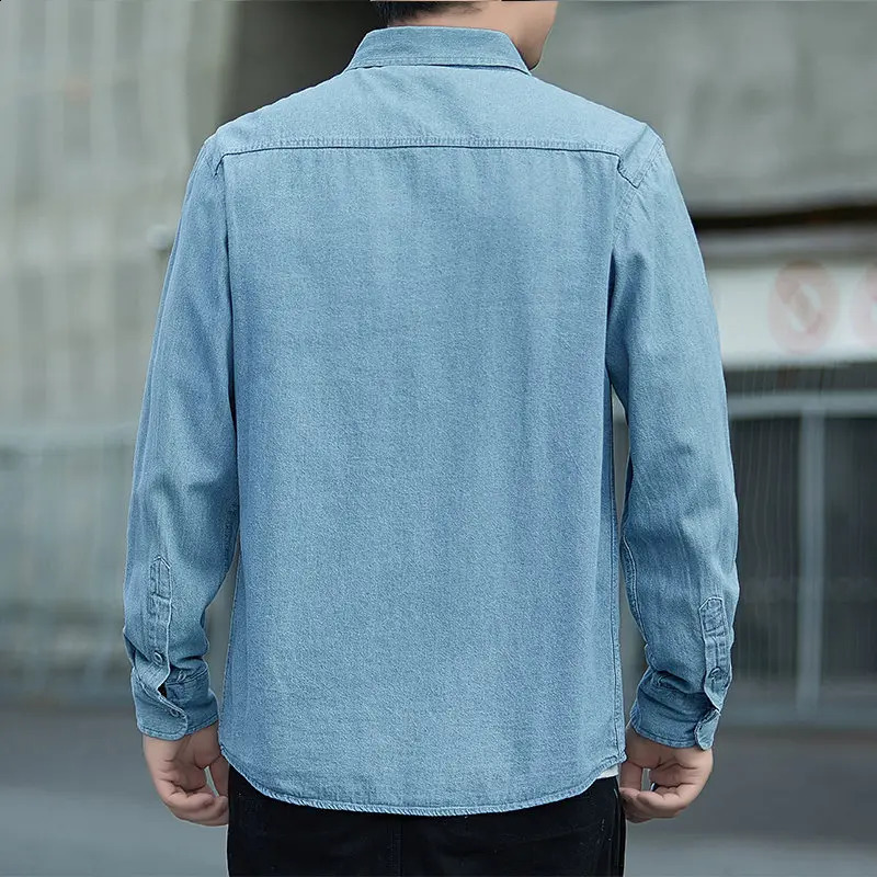 Spring Autumn Mens Denim Shirts Cotton Long Sleeve Solid Color Slim Casual Blue Streetwear Daily Jean Blouse Tops 250919