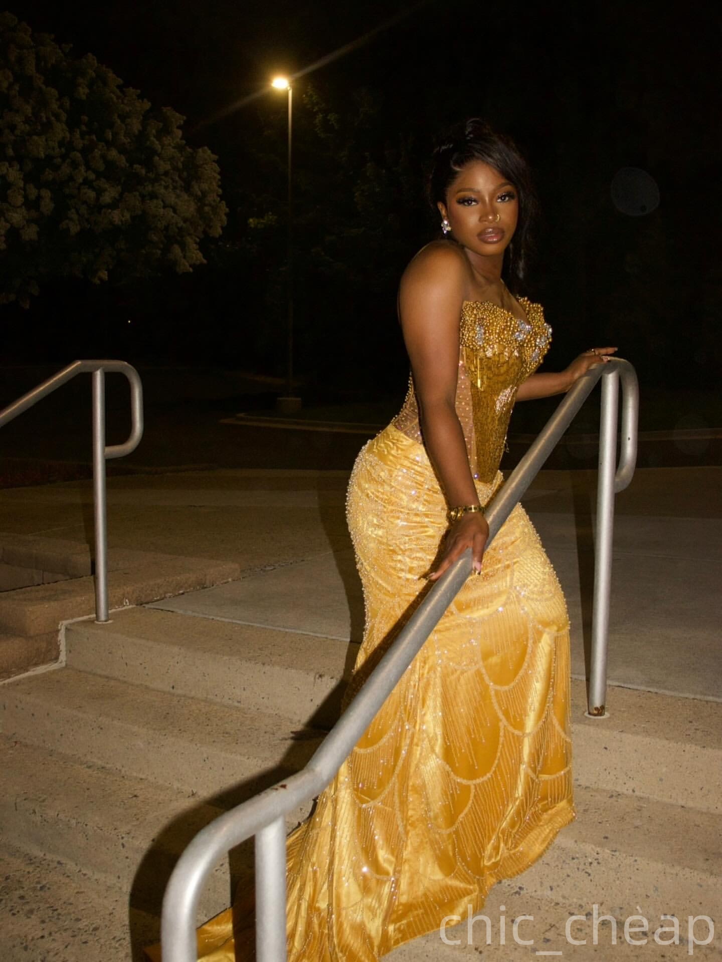 Mermaid Gold Prom Dresses 2025 Pearls Beaded Sequined Detachable Train Evening Formal Party Second Birthday Engagement Gowns Plus Size Dress For Speci