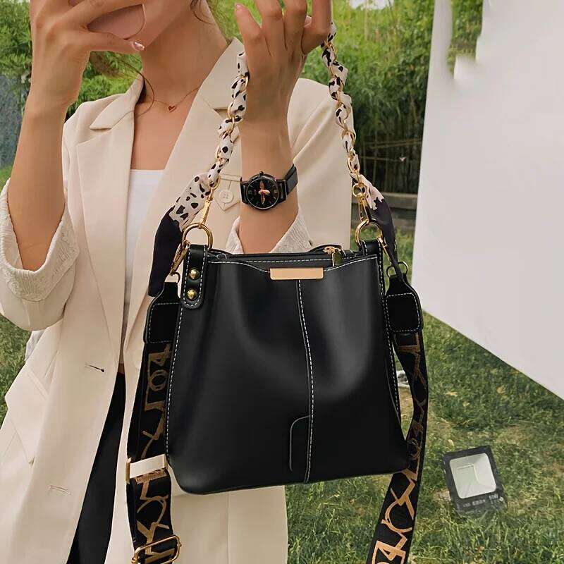 New Fashion Women Shoulder Large Capacity Ribbon Chain Bucket Crossbody Bag Daily Commuting