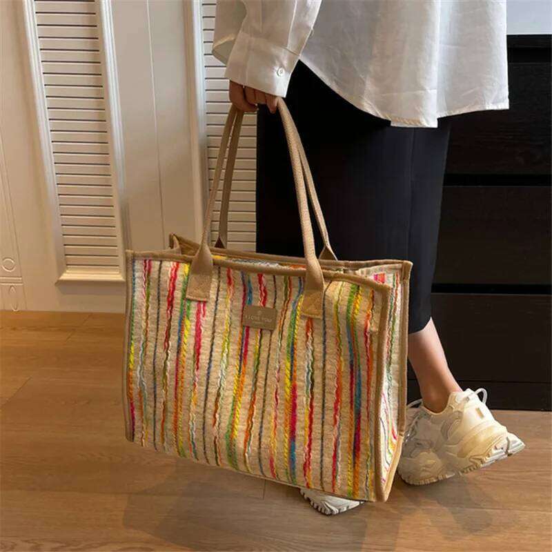 Designer Bag Luxury Bag Large Capacity Commuting Women's Single Shoulder Diagonal Cross Bag, Stylish And Versatile,Rainbow Striped Canvas Tote Ba