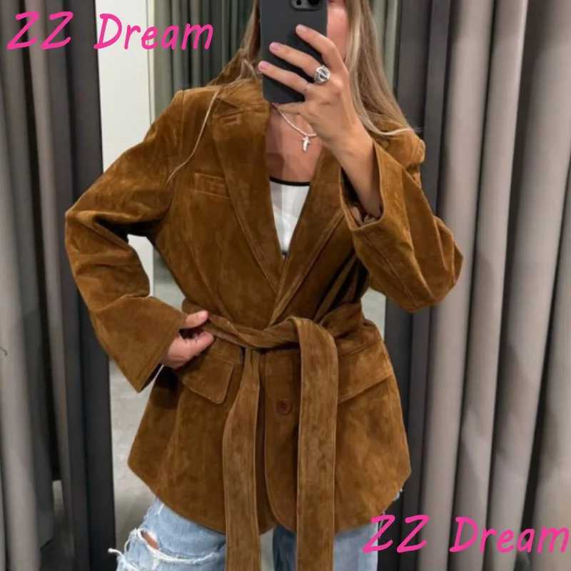 Womens Suede Jacket Solid TurnDown Collar Long Sleeve Coats Waistbelt Pockets Female 2025 New Autumn Fashion Casual Outwears Z250918
