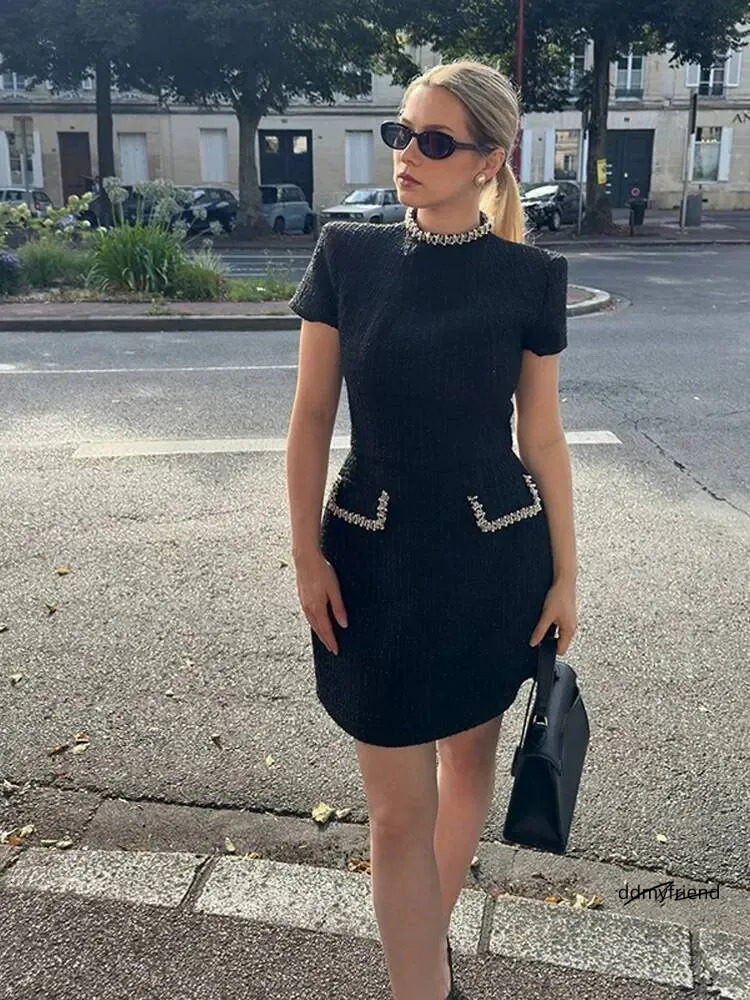 Women's Elegant Tweed A-Line Vestidos Solid Slim Fit Shoulder Pad Short Sleeve Party O-Neck Patchwork Evening Dress Ddmysept ddmyfriend