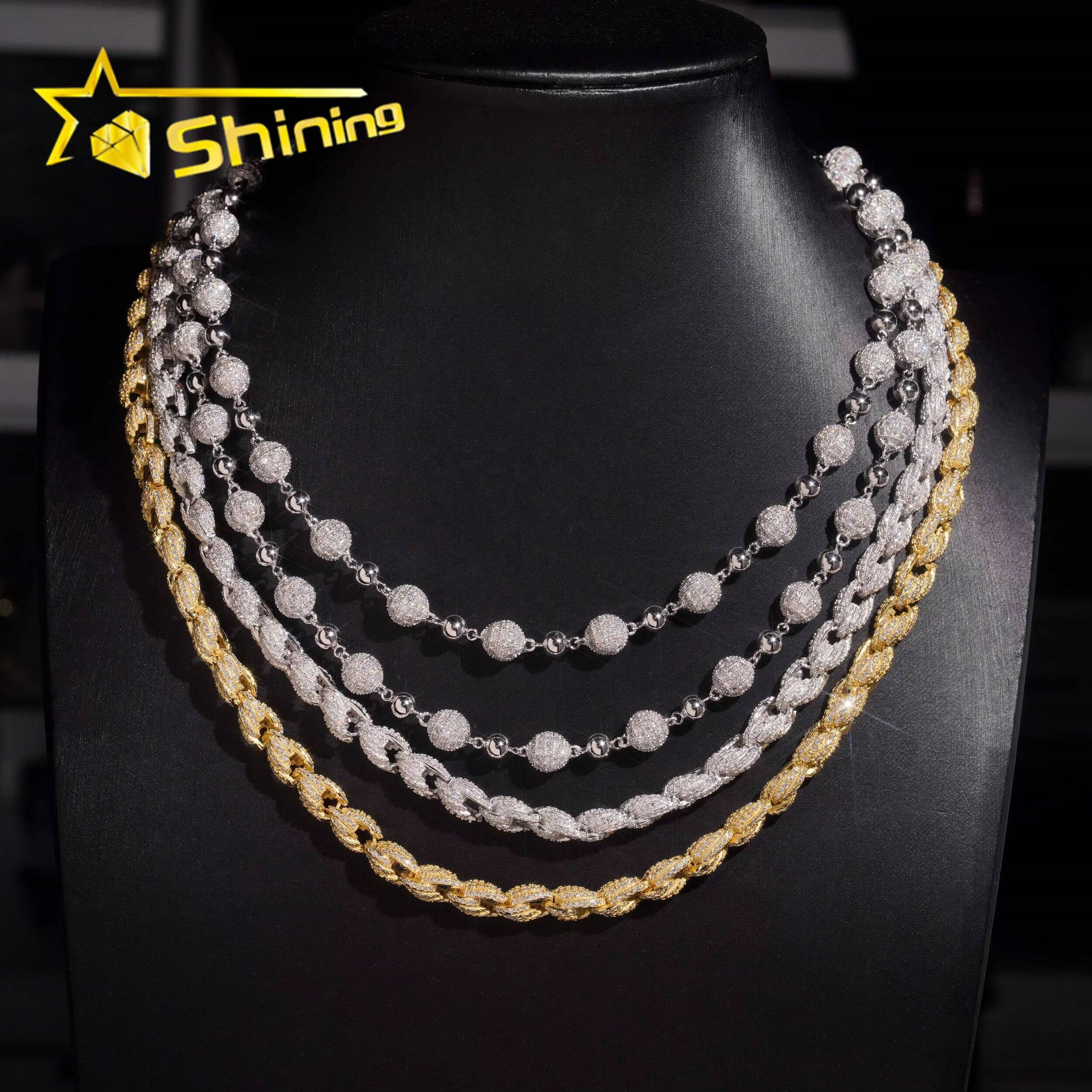 New Arrivals Hip Hop Style Iced Out 925 Silver Rope Chain Ball Necklace Moissanite Diamond Chain