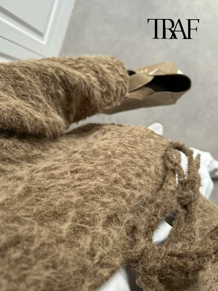 TRAF Women Fashion Casual Knitted Cardigan Autumn and Winter Loose Solid Color VNeck Tie Coat Retro Long Sleeve Commuter Jacket Z250918