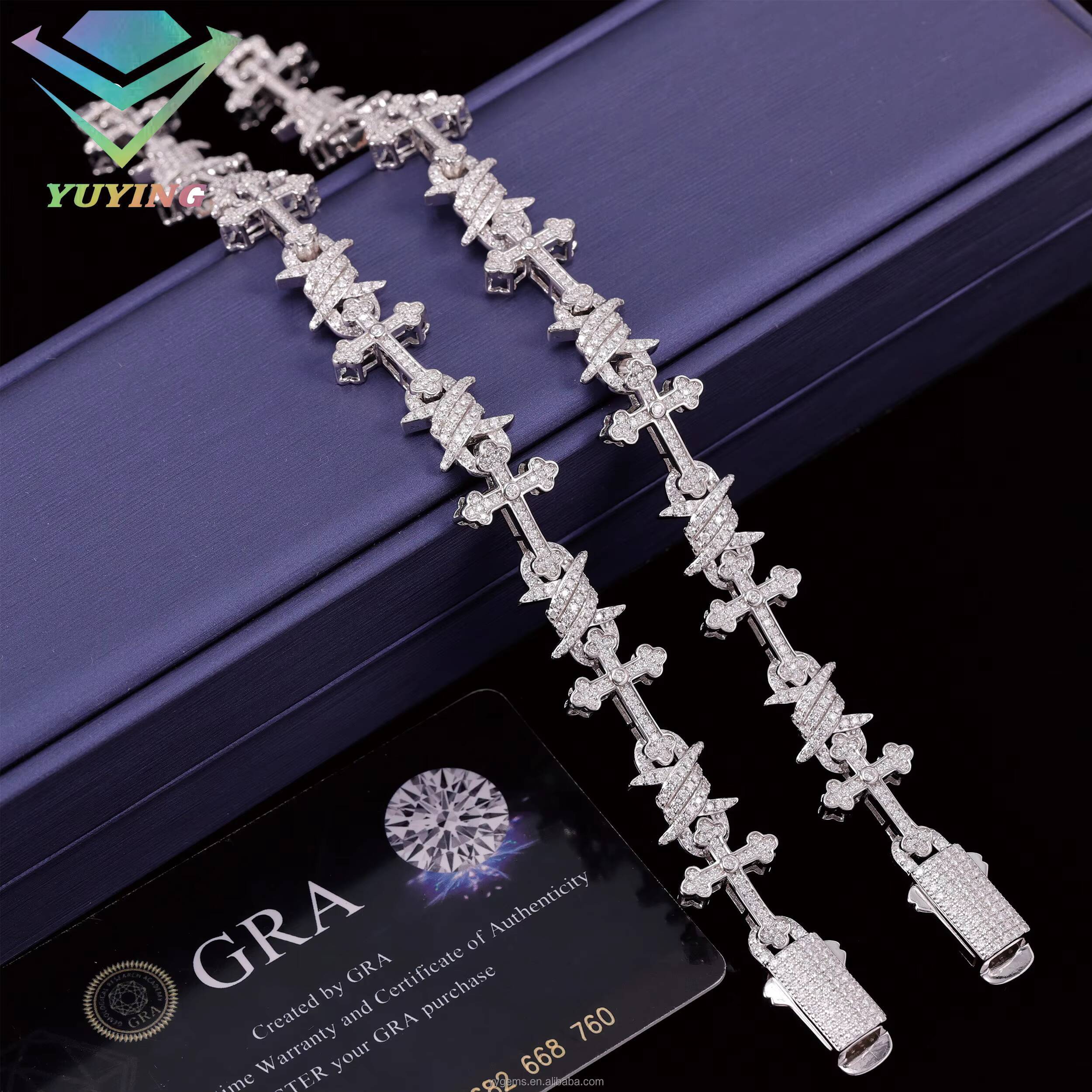 Hip Hop Luxury Gift Men 14mm 925 Sterling Silver VVS Moissanite Diamond 925 SIlver Iced Out Cross Link Chain Bracelet