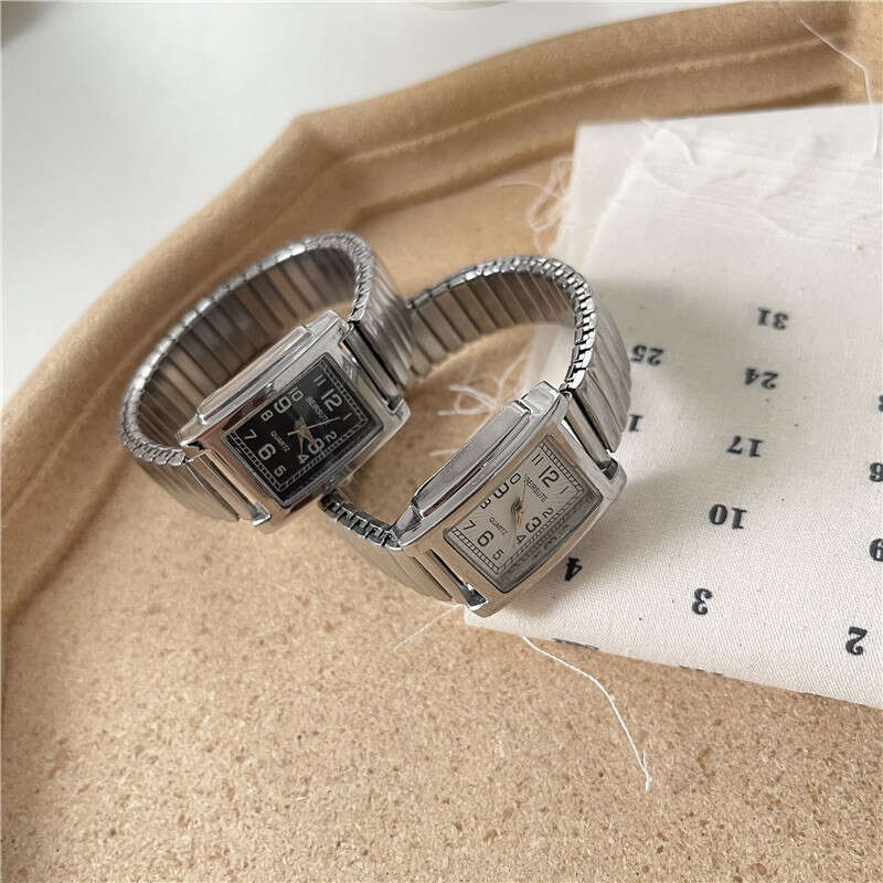 Silver Designer Bracelet for with Elastic Steel Spring Band Luminous Numbers Square Shape Student Metal Chain Watch