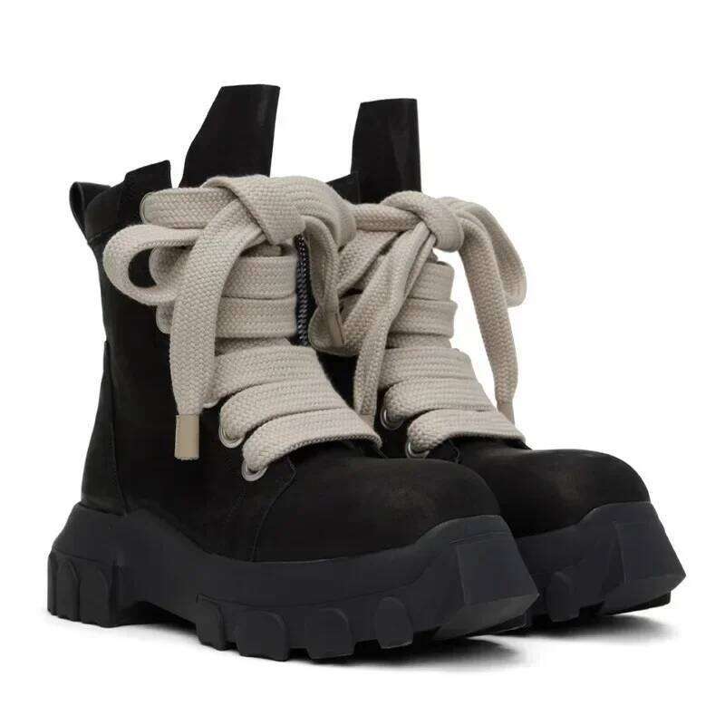 2025 Men's High Top Shoes Platform Sneakers Leather Jumbo Lace Up Chunky Sole Vintage Trendy Designer Black Boots