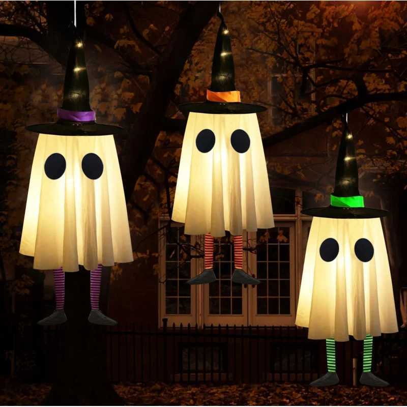 Halloween Hanging Ghost Decorations Outdoor Halloween Witches Hat Lights Glowing Ghosts for Garden Trees Yard Halloween Decor C250919