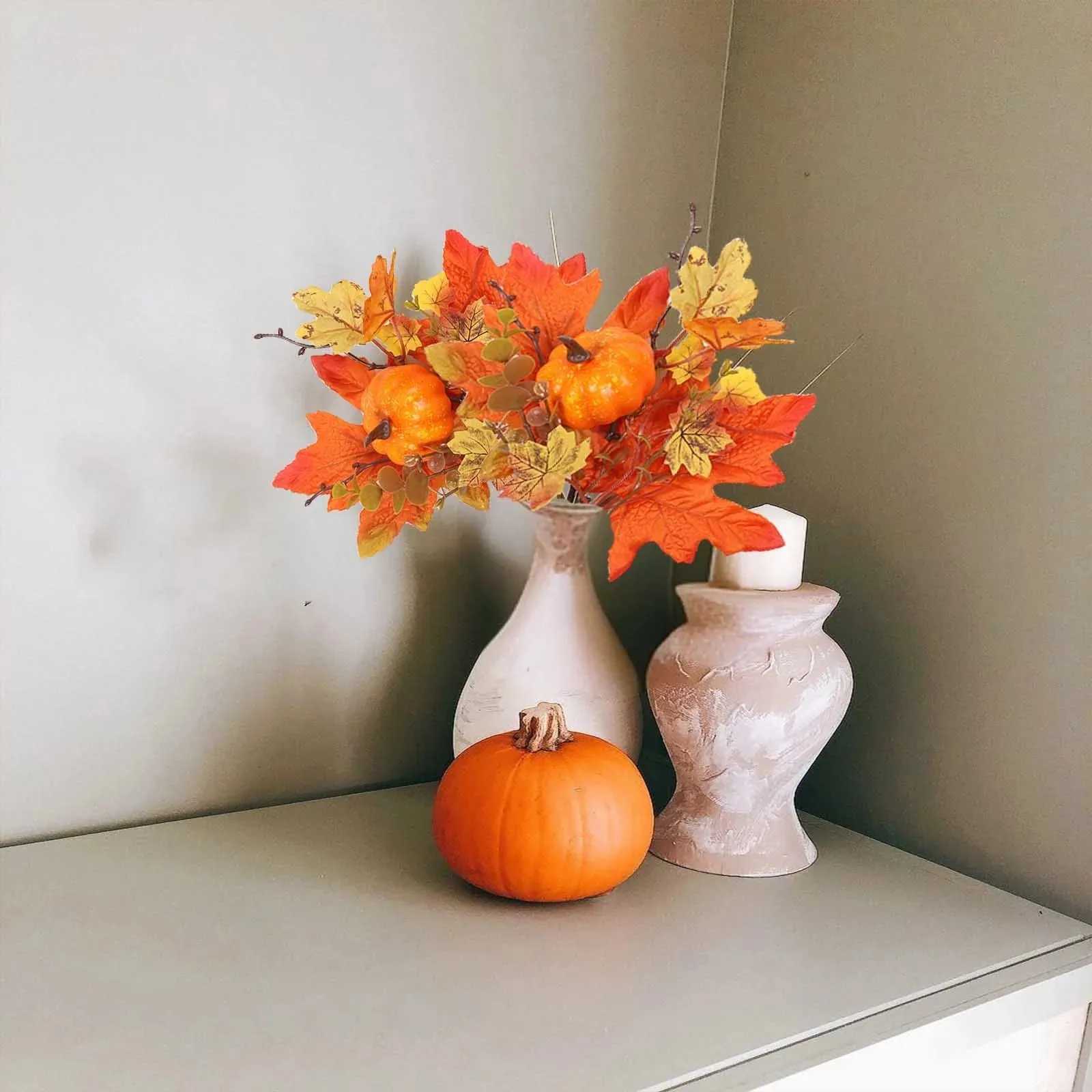 Fall Artificial Maple Leaf Stems Fall Picks And Sprays With Orange Pumpkins Sunflower Heads Cones Berries Party Home Decor C250919