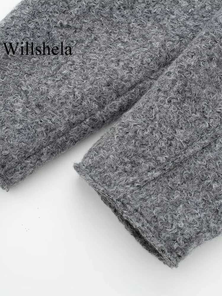 Willshela Women Fashion With Pockets Grey Front Zipper Jackets Vintage Lapel Neck Long Sleeves Female Chic Lady Outfits Z250918