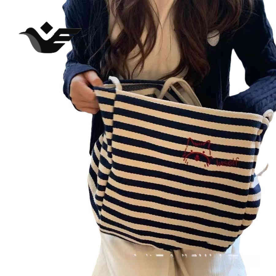 Feiyan Free Shipping New Designer Bag Striped Canvas Bag Niche Embroidery Large Capacity Lazy Style Tote Bag Casual Shopping Cloth Bag