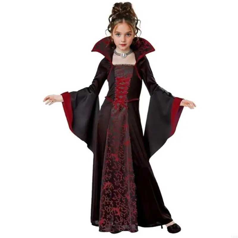 Y3NE Children Halloween Witch Dress Floral Lace Up Witch Dress with Sleeve L250918