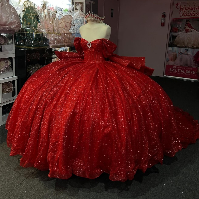 Red Shiny Quinceanera Dresses Off The Shoulder Beads Bow Tull Party Birthday Sweet 16 Dress Vestidos De 15 Anos