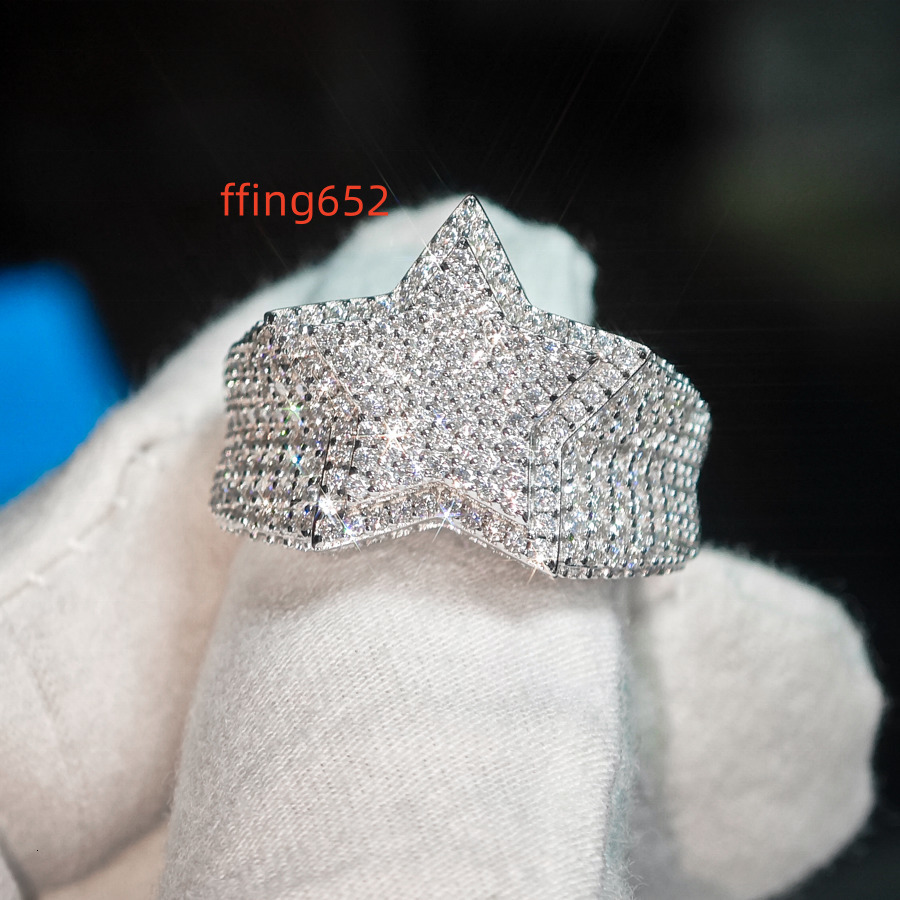 VVS Hip Hop Mens Moissanite Cluster Double FivePoint Star Ring 925 Sterling Silver Passes Diamond Tester Fine Jewelry