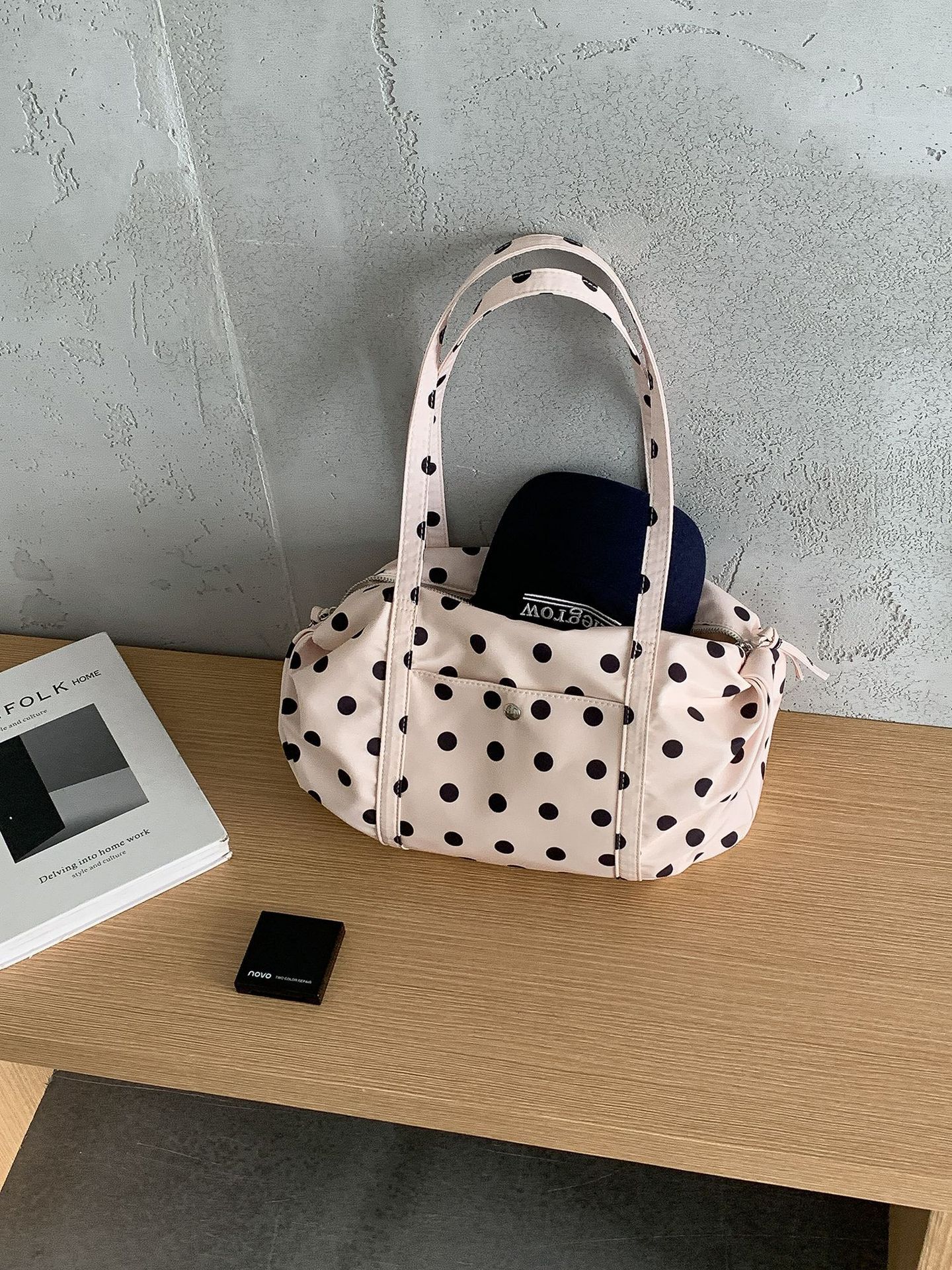 Cute Style Black and White Polka Dot Bag Korean Version Large Capacity Shoulder Bag New Casual Versatile Nylon Handbag for Women
