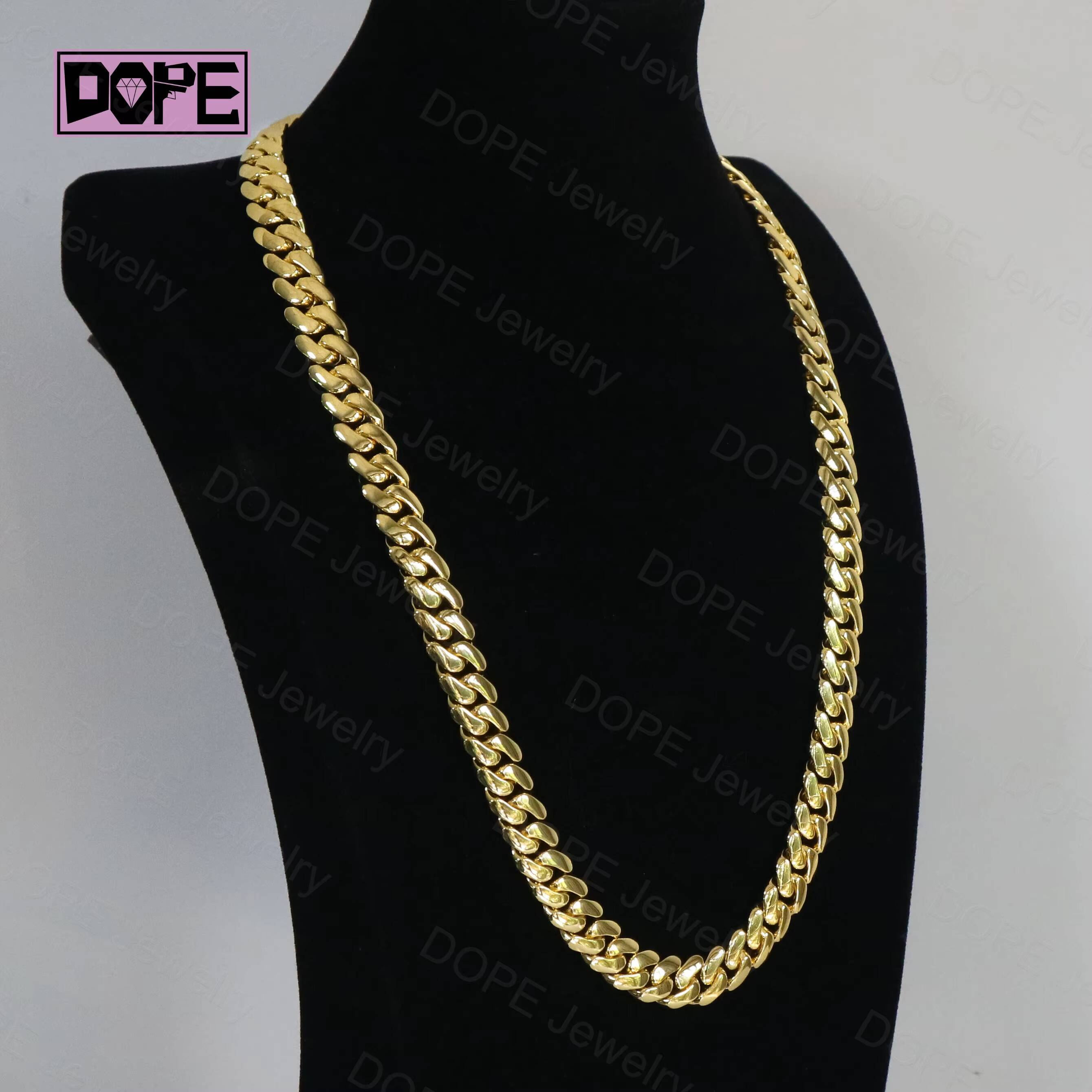 14K Gold Plating Hiphop Cuban Chain Copper Alloy Men Necklace 10mm 12mm Plain Miami Cuban Link Chain