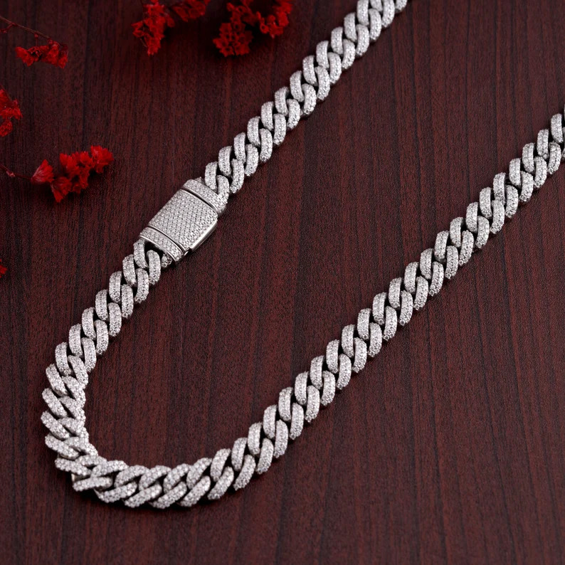 VVS Iced Out Hiphop 12mm Cuban Link Chain Men Necklaces 925 Silver Miami Bling Moissanite Cuban Chain