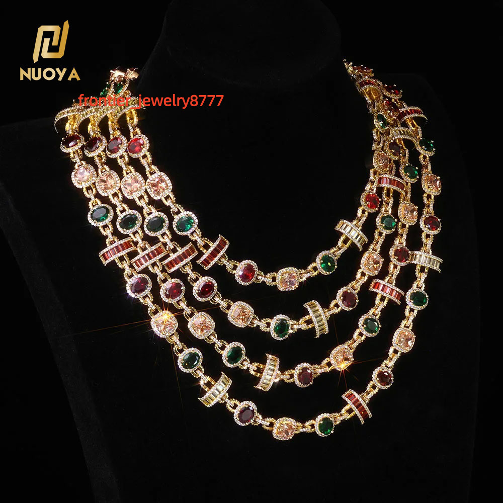 NUOYA Luxury Geometric Design Link Chain Necklace New Arrival Gold Plated Colored Moissanite Stones Hip Hop Fine Jewelry