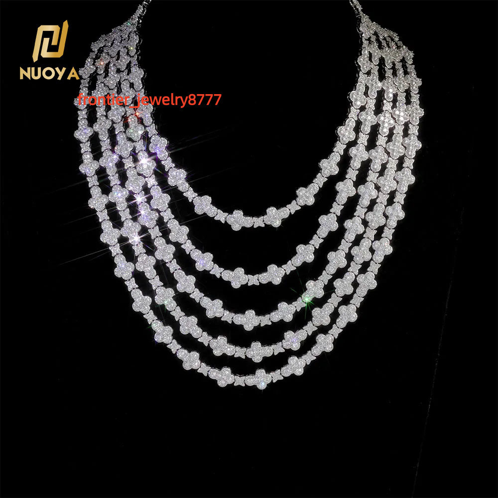 NUOYA Iced Out Full Pave Moissanite Choker Necklace Gold Plated with Diamond Cross Link Chain Flower Design Shiny Hip Hop Jewelry