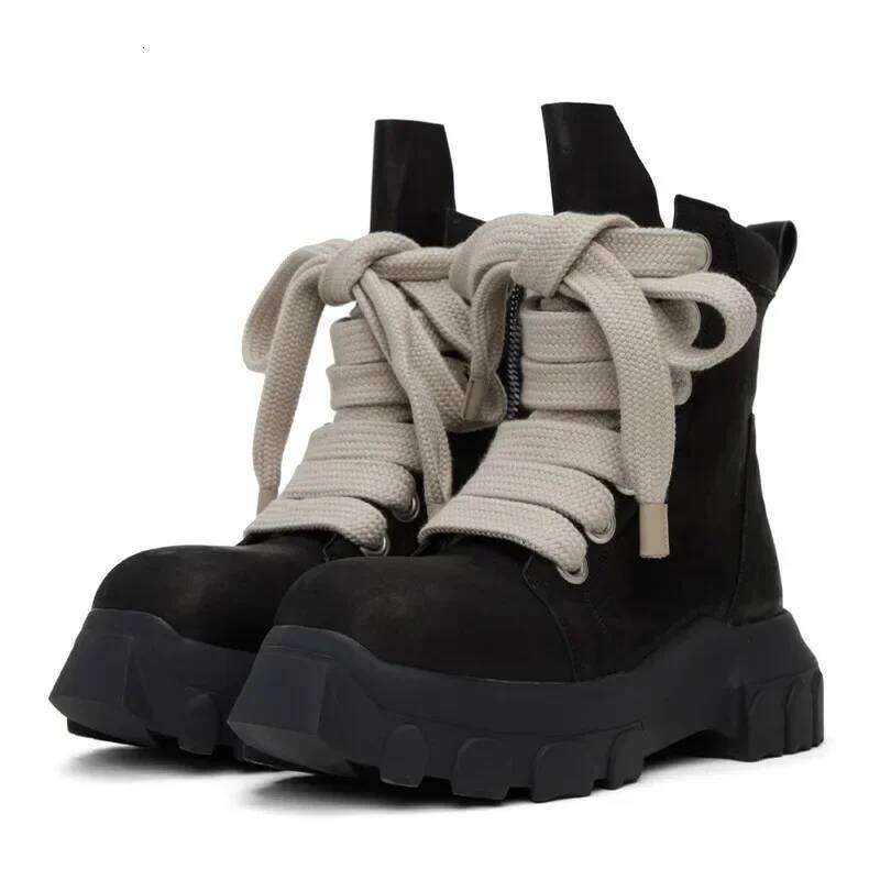 2025 Men's High Top Shoes Platform Sneakers Leather Jumbo Lace Up Chunky Sole Vintage Trendy Designer Black Boots