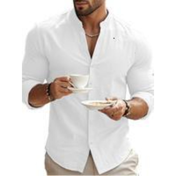 Men's Linen Long Sleeve Shirt, Stand Collar Button Front Breathable Casual Longsleeves Henley Top, Perfect for Spring & Summer Wear, Menswear