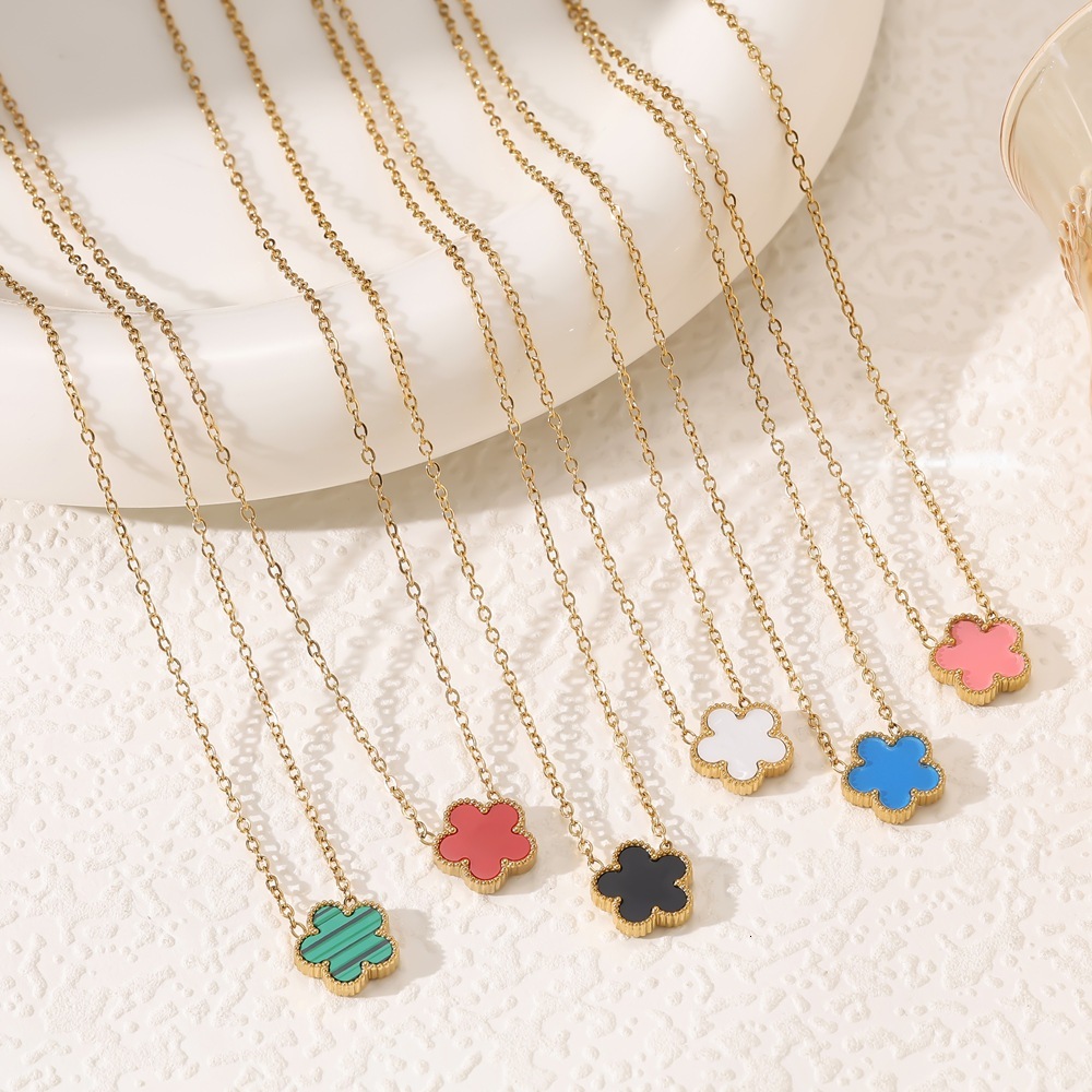 Double-Sided Fritillary Five-Leaf Flower Necklace for Women Trendy Versatile Titanium Steel Lucky Clover Collarbone Jewelry