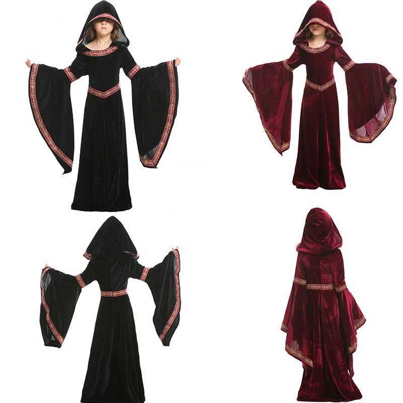 Medieval Cosplay Vampire Witch Dress Halloween Costumes for Kids Girls Middle Ages Carnival Party Performance Long Hoody L250918