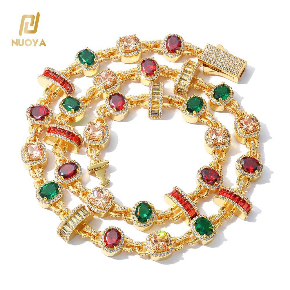 NUOYA Luxury Geometric Design Link Chain Necklace New Arrival Gold Plated Colored Moissanite Stones Hip Hop Fine Jewelry