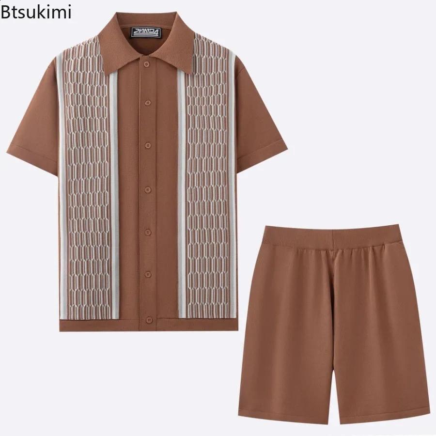 Summer Ice Silk Two Piece Sets for Men Fashion Knitted Jacquard Short Sleeve TopsShorts Male Business Casual Polo Shirts Suit 250916