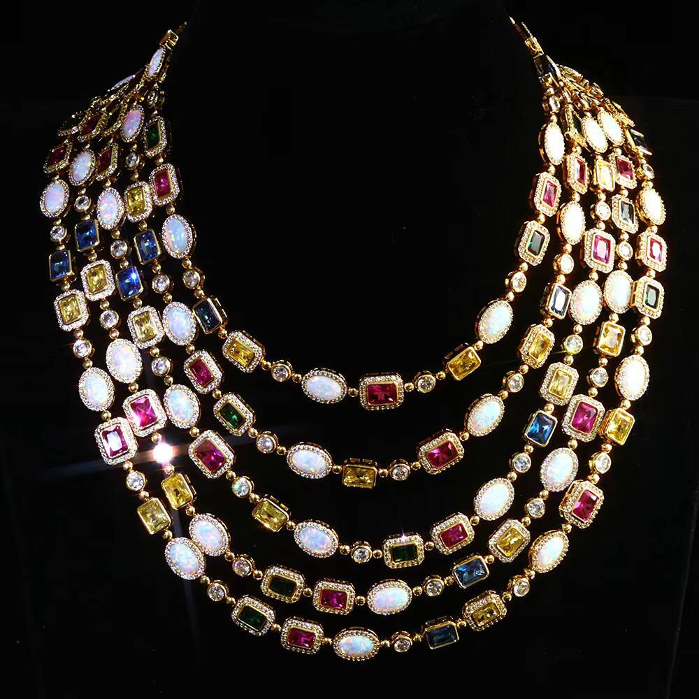 NUOYA MultiColor Opal Geometric Choker Necklace 18K Gold Plated Diamond Accents Luxury Hip Hop Fine Jewelry