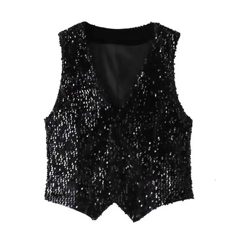 New Womens Fashion Versatile Sequin Short Vest Spring Autumn Xiaoxiangfeng Heavy Industry Waistcoat Black Sleeveless Jacket Z250918