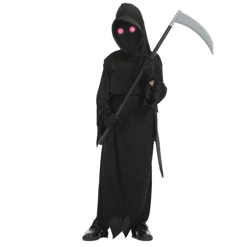 Halloween Red Eye Grim Reaper Scary Costume Child Black Devil Dark Ghost Cosplay Hooded Robe Sickle Gloves Play Props L250918