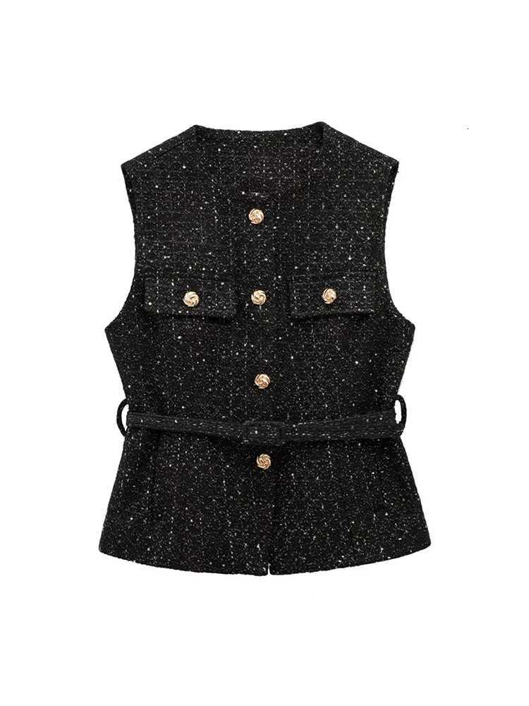 TRZAWomens Tweed Waistcoat with Belt O Neck Sleeveless Front Button Female Outerwear Chic Tops Fashion Z250918