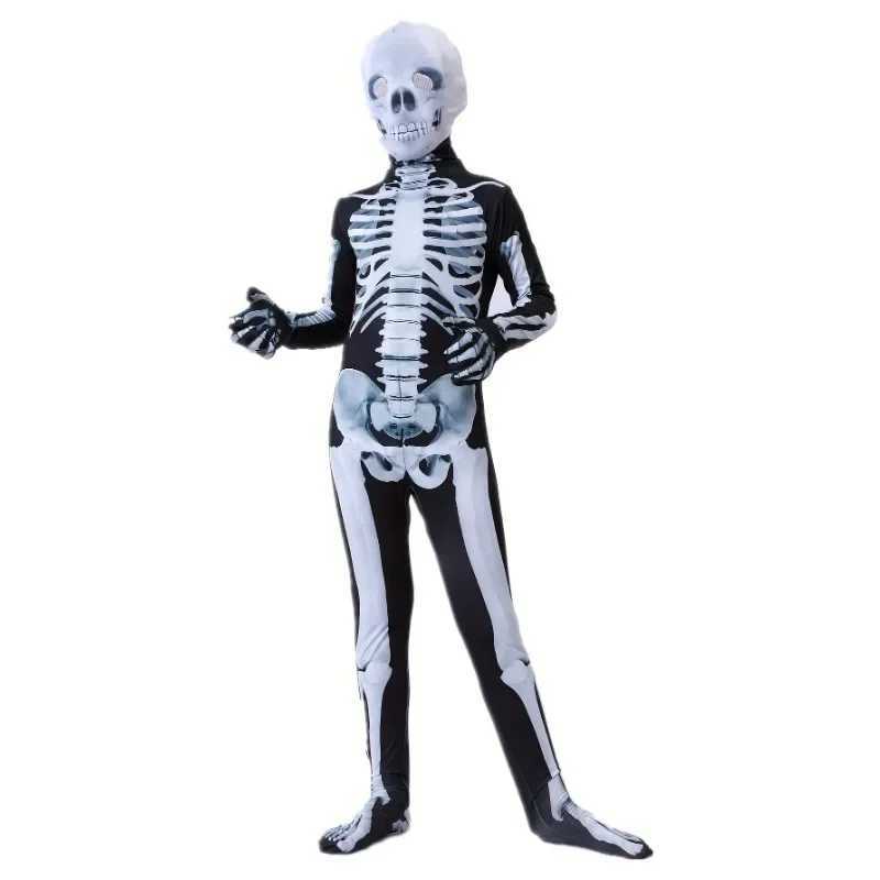 312Y Halloween Boys Skeleton Costume Printed Skeleton Mask Jumpsuit with Scary Mask Spooky Devil Role Play Holiday Party L250918