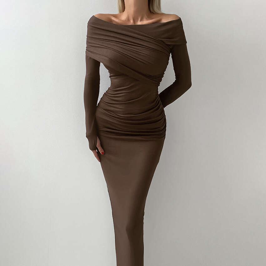 Modal Gray Bodycon Long Elegant Warm Tight Off-Shoulder Base Dress Women 2025 Autumn Winter Women's Fashion