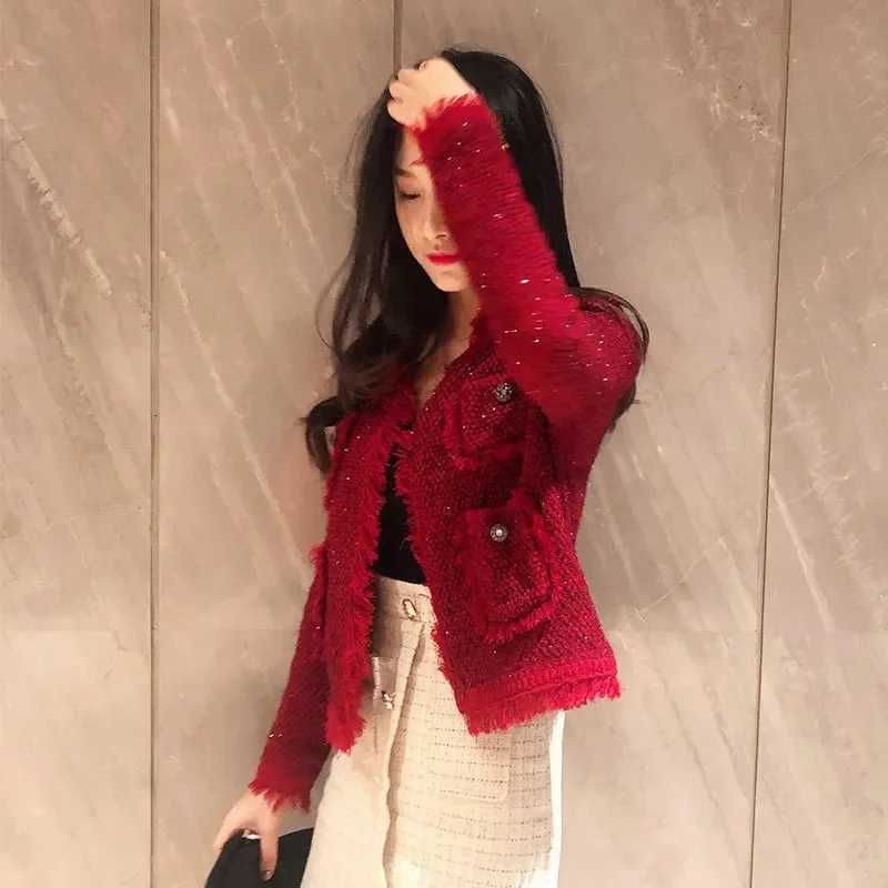Xiaoxiangfeng Coat Womens New Spring Autumn Jacket Tide 2025 Korean Cherry Short Outerwear Tassel Knit Cardigan Female Overcoat Z250918