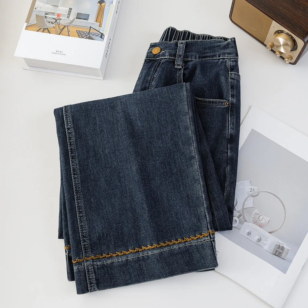Fashion Plus Size Women's Jeans Autumn Of 2025 Slim Stretch Embroidery Hem Denim Straight Leg Ankle Length Pants