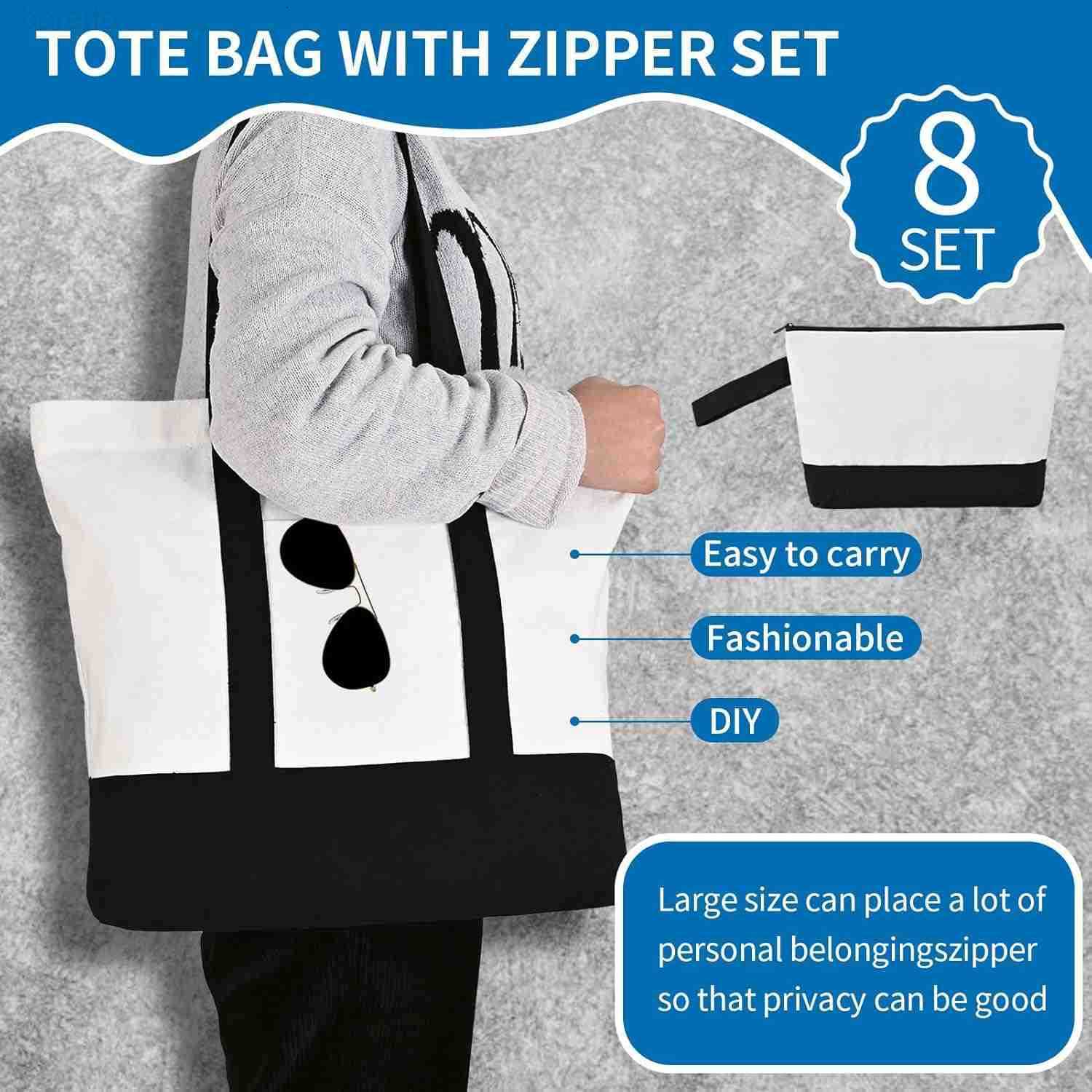 2 Pcs Canvas Tote Bags Bulk and Makeup Pouches Set 12oz Cotton Reusable Zippered Grocery Bags with Handles DIY Sublimation Halloween Craft Beach Trave