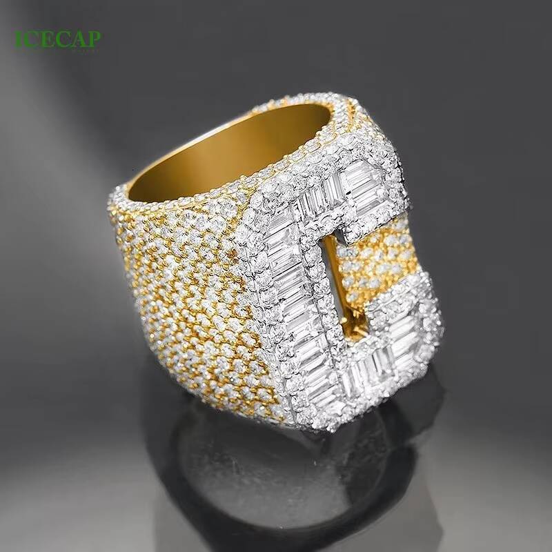 Custom Moissanite Ring Men Hiphop Letters Full Diamond 925 Silver Ring 2 Tone Fashion Men Ring