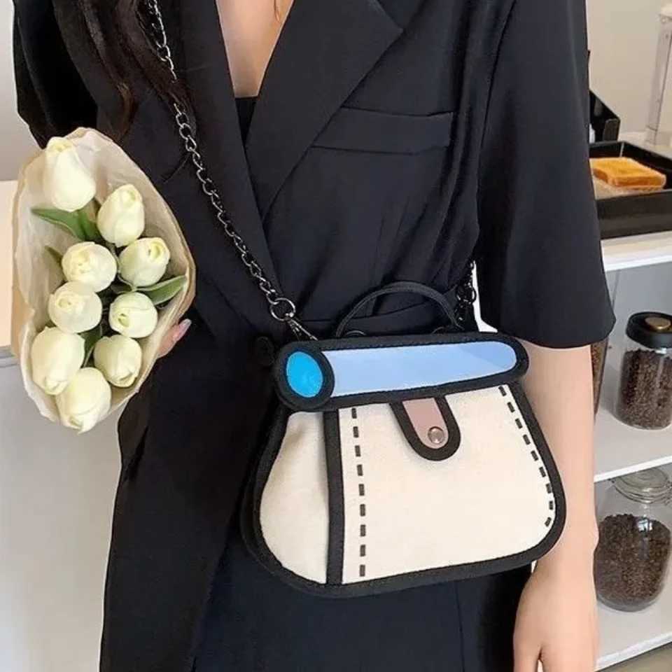 2025 New Small Canvas Tote Bag Cute Anime Crossbody Purse for Women Unique Minimalist Line Design Shoulder Bag with ChainXJ250918