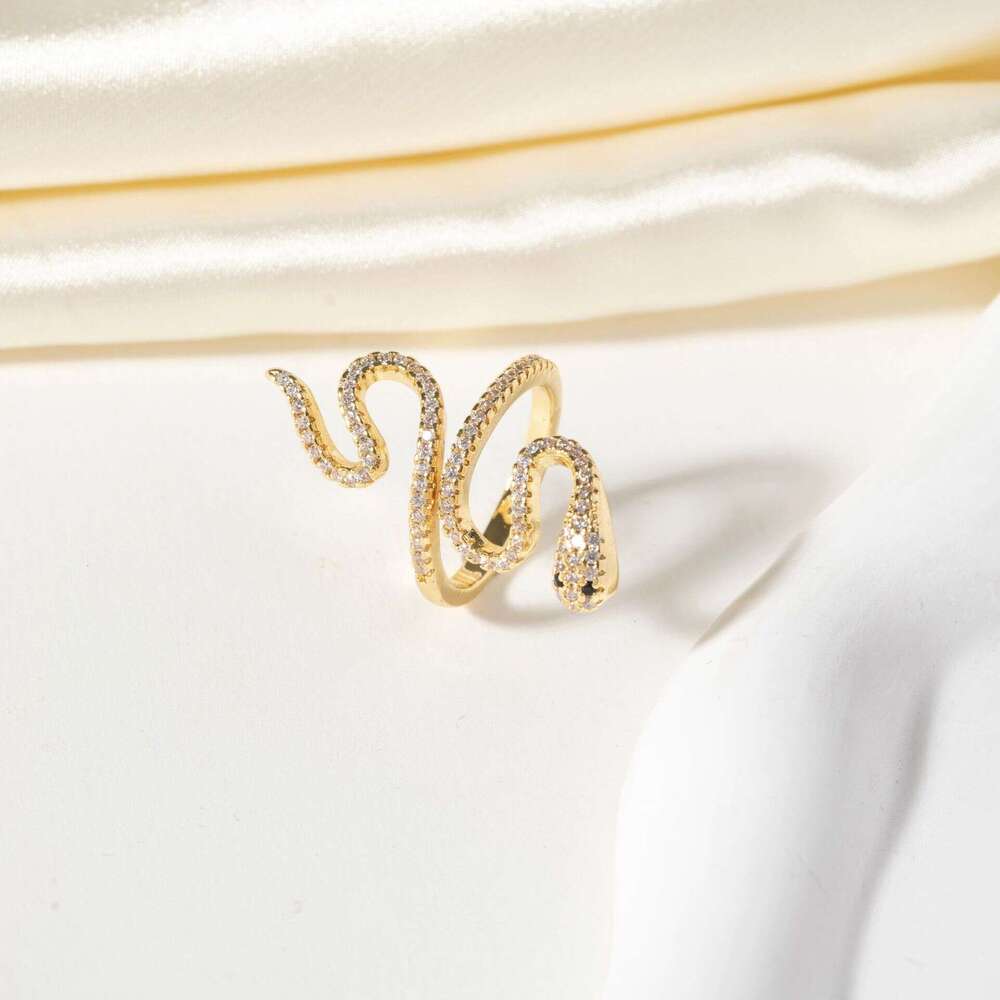 Light Luxury Micro Paved Zircon Personality Snake-Shaped for Women Copper Gold-Plated Adjustable Open Ring Jewelry
