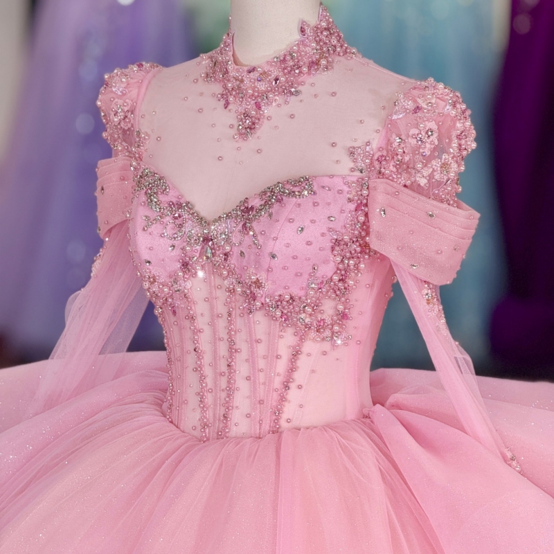 Pink Shiny Quinceanera Dresses Off The Shoulder Lace Beading Corset Tull Long Sleeves Party Birthday Sweet 16 Dress Vestidos De 15 Anos