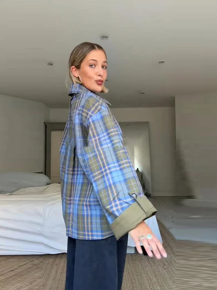 Vintage Plaid Reversible TwoWay Coat Jacket Womens Oversized Long Sleeve Loose Fit Lapel Outerwear Chic Autumn Casual Outfit 250904